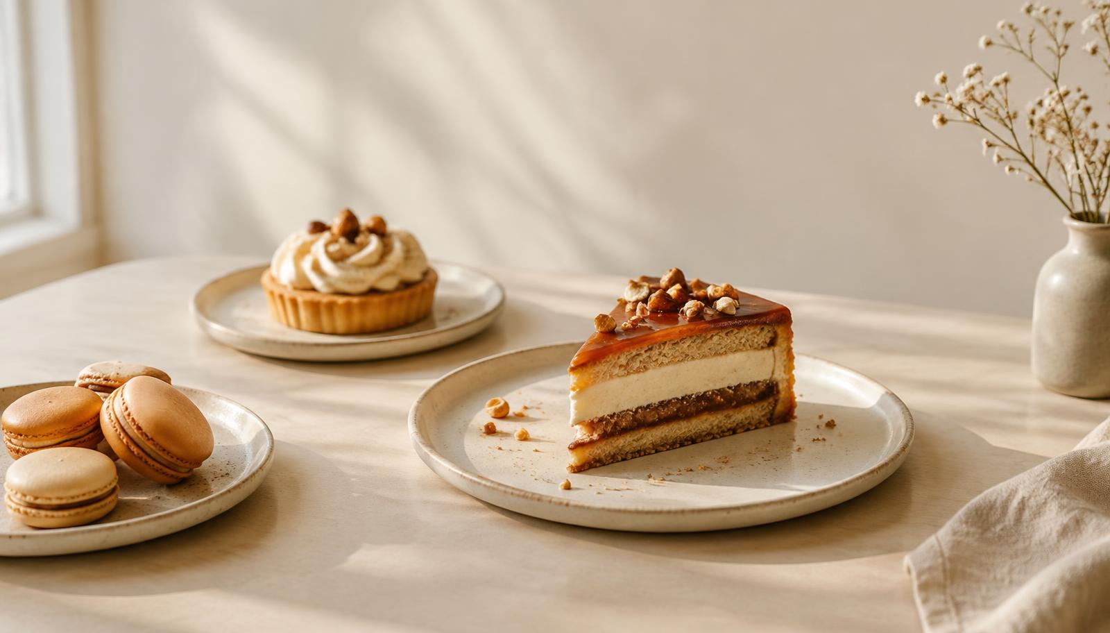 Artisan desserts on ceramic plates: a caramel layered cake slice, macarons and a cream tart in warm natural light